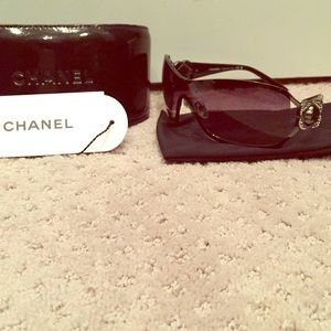 Black Chanel Studded Floral Sunglasses w/ Case
